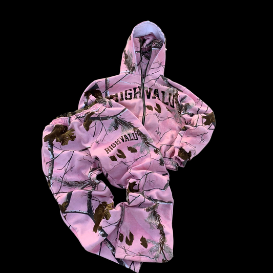 Pink Skimask camo zip up set